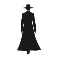 A Silhouette of person wearing long coat and wide brimmed hat, walking away. image is minimalistic, focusing on distinct outline of attire, evoking sense of mystery and intrigue png