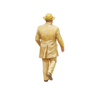 A man in yellow suit and hat walks away, exuding confidence and style. vibrant attire stands out, creating striking visual against plain background png