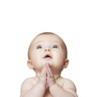 A baby with hopeful expression looks upward, hands clasped together as if in prayer or wonder, against plain background. image captures innocence and curiosity png