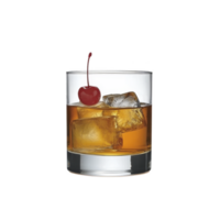 A glass of whiskey with ice cubes and cherry garnish creates classic and inviting drink presentation. amber liquid contrasts with clear glass and red cherry png