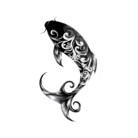 A stylized black and white koi fish illustration with intricate swirling patterns, symbolizing strength and perseverance. elegant design captures essence of traditional art with modern twist png