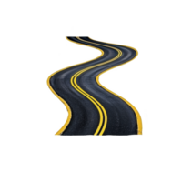 A winding road with double yellow lines curves dramatically against transparency background, creating sense of movement and direction. road dark asphalt contrasts with bright yellow lines png