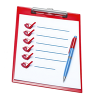 A red clipboard holds blank checklist with red checkmarks and blue pen, ready for notes or tasks. setup is ideal for organization and planning png