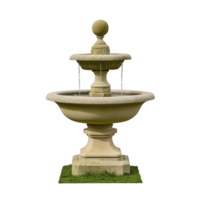A two tiered stone fountain with spherical finial, water gently cascading down each level, stands on small patch of grass, evoking sense of tranquility and elegance png