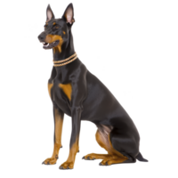 A sleek Doberman Pinscher with shiny black and tan coat sits proudly, wearing gold chain collar. dog alert expression and upright ears convey confidence and strength png