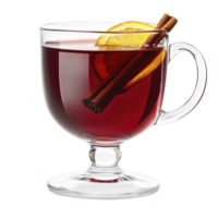 A clear glass mug filled with warm red mulled wine, garnished with slice of orange and cinnamon stick, evokes cozy and inviting atmosphere png