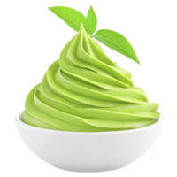 A swirl of vibrant green matcha ice cream in white bowl, topped with fresh green leaves, creates refreshing and appetizing appearance. smooth texture and rich color evoke sense of indulgence png
