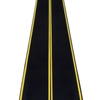 A straight, empty road with bright yellow lines stretches into distance, symbolizing journey or adventure. black asphalt contrasts sharply with vivid yellow, creating sense of direction and focus png