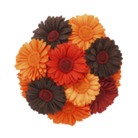 A vibrant bouquet of artificial gerbera daisies in shades of orange, red, and brown, arranged in circular pattern. flowers are detailed and colorful, creating lively and cheerful display png