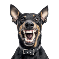 A fierce looking black and tan dog with bared teeth and pointed ears, wearing collar, stands against plain background, showcasing intense expression png