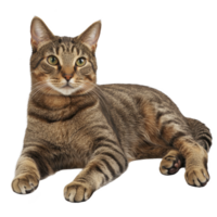 A relaxed tabby cat with striking green eyes lies comfortably, showcasing its beautiful striped fur pattern. cat attentive gaze and poised posture convey sense of calm and curiosity png