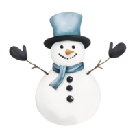 A cheerful snowman with blue hat and scarf, black buttons, and stick arms, smiling joyfully. snowman is set against transparent background, conveying festive winter theme png