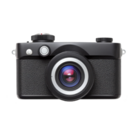 A black vintage style camera with textured grip and prominent lens is shown against transparency background. camera features classic design with large central lens and minimalistic controls png