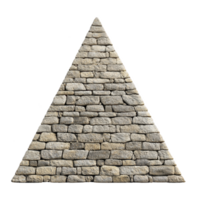 A stone pyramid shape made of textured bricks, creating rustic and ancient appearance. triangular structure is composed of various shades of gray and beige stones, giving it natural look png