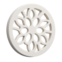 A decorative white circular ornament with intricate floral pattern, featuring symmetrical leaf like cutouts, creating delicate and elegant design png