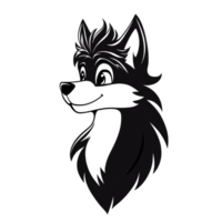 A stylized black and white illustration of cartoon wolf with playful expression, featuring exaggerated features and fluffy mane. design is simple yet expressive, capturing whimsical and friendly png