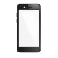 A sleek black smartphone with blank screen, featuring front facing camera and flash, is displayed against transparency background. minimalist design emphasizes modern technology png