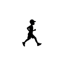 A silhouette of child running, wearing cap and shorts, is depicted against plain background, capturing sense of motion and energy png