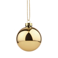 A shiny gold Christmas ornament hangs elegantly from delicate string, reflecting light beautifully. smooth, spherical surface adds touch of luxury and festive charm to holiday decor png