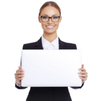 A professional woman in suit and glasses holds blank laptop, smiling confidently. image conveys sense of professionalism and technology, ideal for business or tech related themes png
