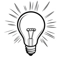 A hand drawn illustration of light bulb with radiating lines symbolizes creativity and ideas. sketchy style adds dynamic and artistic touch, evoking inspiration and innovation png