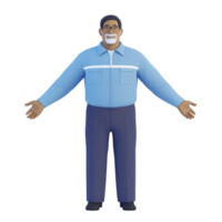 A friendly animated character with glasses, wearing light blue shirt and dark blue pants, stands with open arms. character has welcoming expression, conveying warmth and approachability png