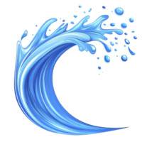 A dynamic illustration of blue ocean wave with splashing water droplets, capturing energy and movement of sea. wave is stylized with smooth curves and vibrant colors png