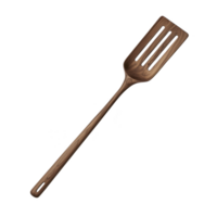 A wooden slotted spatula with long handle, ideal for cooking and flipping food. natural wood grain adds rustic charm, making it both functional and aesthetically pleasing png
