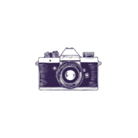 A This features vintage style camera illustration with purple hue, showcasing classic design with lens and dials. artistic rendering gives it retro and nostalgic feel. vintage camera illustration png