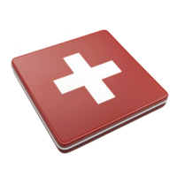 A red square button with white cross symbol, representing medical or emergency sign, is depicted. button has glossy finish and three dimensional appearance png