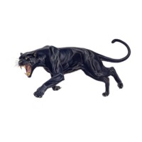 A fierce black panther is depicted in dynamic, leaping pose with its mouth open, showcasing sharp teeth. sleek, muscular body and intense expression convey power and agility png