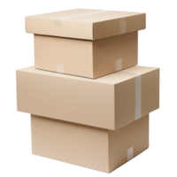 A Three stacked cardboard boxes with tape are arranged in neat pile, ready for shipping or storage. boxes are plain and sturdy, ideal for packaging various items securely png