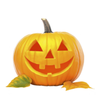 A carved pumpkin with cheerful face is surrounded by autumn leaves, symbolizing Halloween and fall festivities. bright orange color and smiling expression create festive atmosphere png