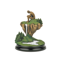 A bronze sculpture of contemplative figure sits atop rocky cliff with cascading waterfall, surrounded by lush greenery and trees, creating serene and thoughtful scene png