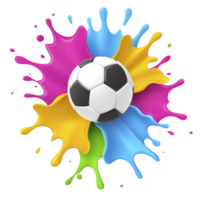A soccer ball is surrounded by vibrant splashes of colorful paint, creating dynamic and energetic composition. colors include pink, blue, yellow, and green, adding playful and artistic touch to png