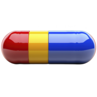A colorful capsule pill with glossy surface, featuring red, yellow, and blue segments, symbolizing medication or supplements. vibrant colors and shiny finish create striking visual png