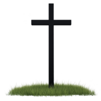 A simple black cross stands upright in patch of green grass, symbolizing peace and remembrance. serene setting evokes sense of tranquility and reflection png