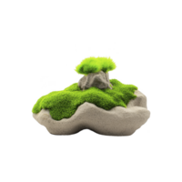 A small, vibrant green moss covered rock with miniature tree on top creates serene and natural scene. lush greenery contrasts with rough texture of stone png