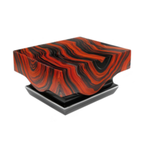 A striking, modern sculpture with bold red and black swirling patterns creates dynamic visual effect. abstract design features layered, geometric form, adding depth and intrigue to piece png