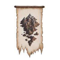 An Aged parchment scroll with detailed illustration of mountainous landscape, featuring rugged peaks and valleys. scroll has weathered appearance, adding sense of history and adventure png
