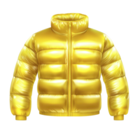 A shiny yellow puffer jacket with high collar and front zipper, designed for warmth and style. glossy finish adds modern touch, making it ideal for cold weather fashion png