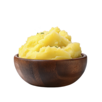 A wooden bowl filled with creamy mashed potatoes, showcasing smooth and fluffy texture, perfect for comforting meal. vibrant yellow hue suggests use of butter or cream png