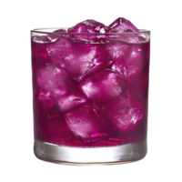 A vibrant purple cocktail in clear glass filled with ice cubes, creating refreshing and inviting appearance. drink rich color and chilled presentation suggest fruity and flavorful experience png