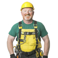 A construction worker wearing yellow safety harness and helmet smiles confidently, showcasing safety gear. worker is dressed in green shirt, emphasizing professional and secure work environment png