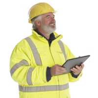 A construction worker in high visibility jacket and hard hat holds tablet, smiling confidently. image conveys professionalism and modern technology in construction png