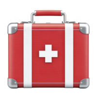 A red first aid kit with white cross symbol, featuring sturdy handle and metal corners, is designed for emergency medical situations. kit is compact and portable, ideal for quick access png