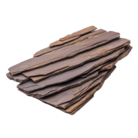 A stack of layered, flat, brown slate stones is arranged neatly, showcasing their natural texture and earthy tones. These stones are often used landscaping and construction for their durability png