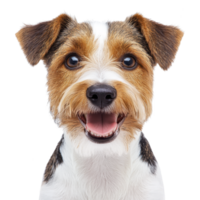 A happy, brown and white terrier dog with playful expression and perky ears is looking directly at camera against transparency background png