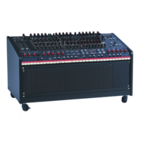 A This shows professional synthesizer with numerous knobs and controls, designed for creating electronic music. device features keyboard and is mounted on stand with wheels for easy mobility png