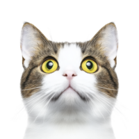 A curious cat with wide yellow eyes and white and brown fur pattern gazes upward against plain background. cat expression is one of wonder and alertness png